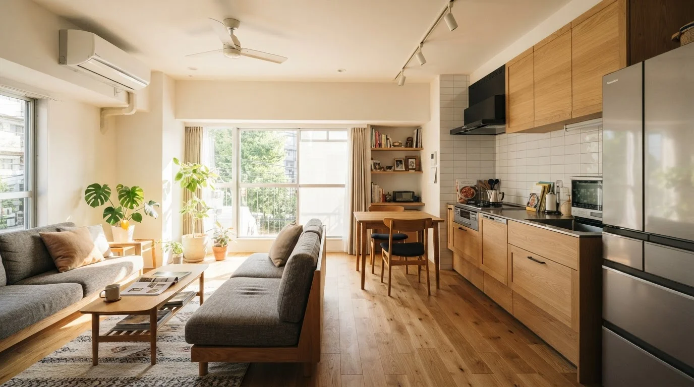 日差しが入る住宅のリビングと対面キッチンを広角で撮った室内
