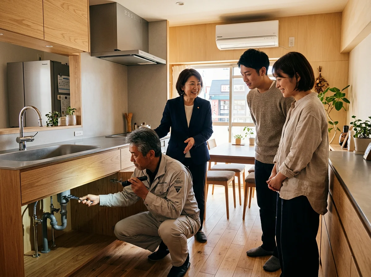 住宅のキッチンで給排水まわりを確認しながら工具を手に作業するリフォームスタッフの横姿